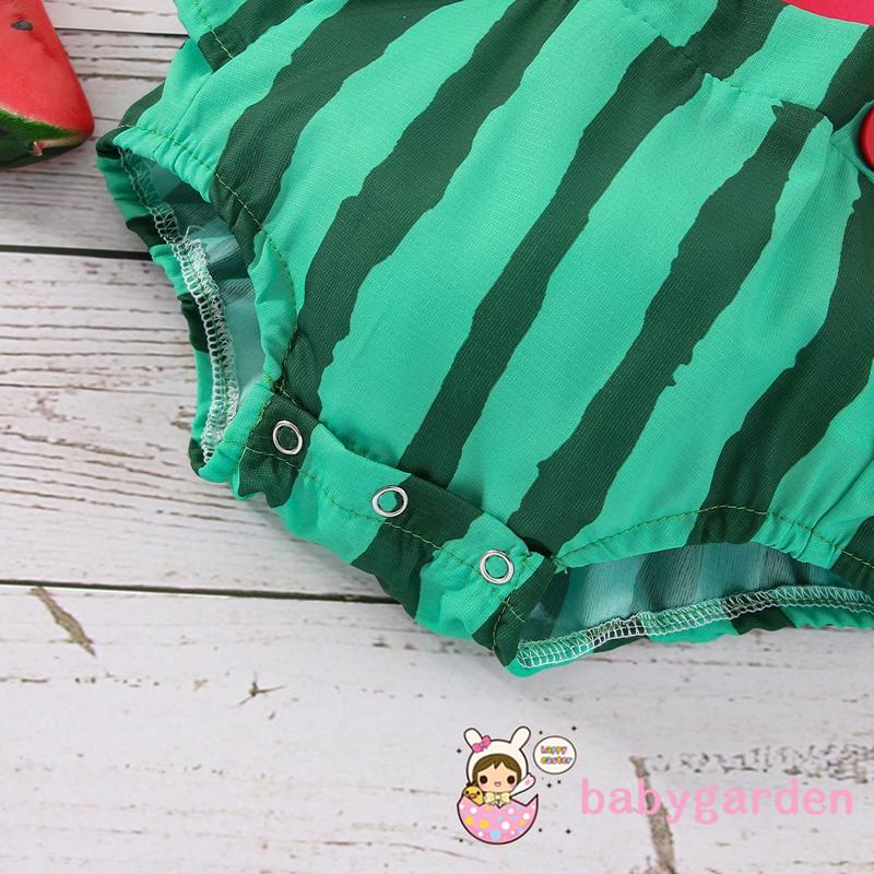 Bộ Áo Liền Quần Tay Cánh Tiên In Họa Tiết Dưa Hấu Kèm Băng Đô Xinh Xắn Cho Bé Gái 0-2 Tuổi