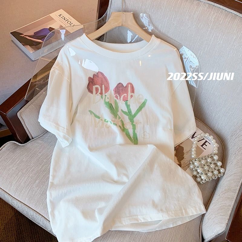 Áo Thun Ngắn Tay Cổ Tròn Form Rộng In Họa Tiết Hoa Phong Cách Retro Mùa Hè Mới Cho Nữ