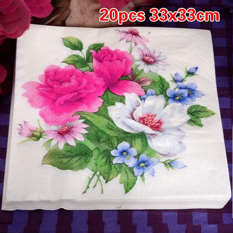 Bộ 20 Khăn Ăn Dùng Một Lần In Họa Tiết Hoa Lá Màu Xanh Dương / Xanh Lá Xinh Xắn