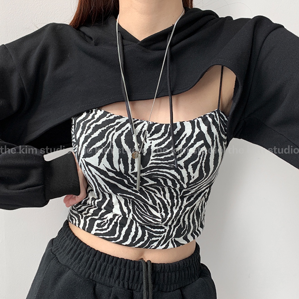 Áo nỉ có mũ dáng ngắn trên ngực ( Chỉ gồm áo ngoài, không kèm áo 2 dây ) , hoodie nỉ dài tay sexy ulzzang AN117