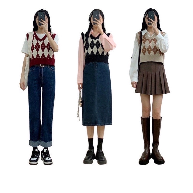 Áo len gile nữ dáng croptop hình thoi đan siêu chất