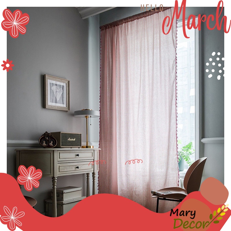 Rèm cửa đẹp decor trang trí nhà cửa nhiều mẫu mã - họa tiết Caro hồng R-B06 (vui lòng nhắn để chọn viền rèm)