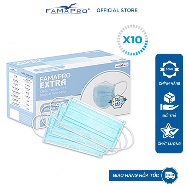 [Extra- COMBO 10- HỘP 50 CÁI] Khẩu trang y tế kháng khuẩn 4 lớp Famapro Extra (50 cái/ hộp)