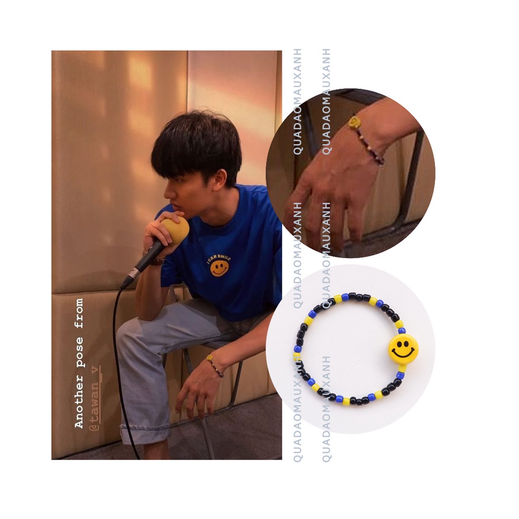 (ORDER 10 ngày) Tawan - OhmNanon, vòng tay hoa xanh, vòng hạt cườm đen phối mặt cười vàng cheapmoment #Quadaomauxanh