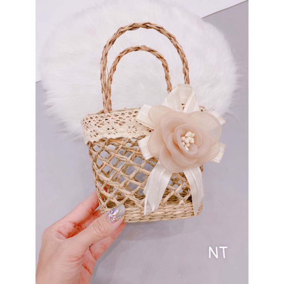 túi cói đi biển, du lịch, đựng đồ kiểu đan mây kèm hoa xinh xắn
