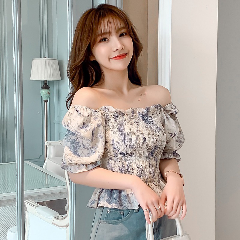 Áo Chiffon Ngắn Tay Trễ Vai In Họa Tiết Mực Thời Trang