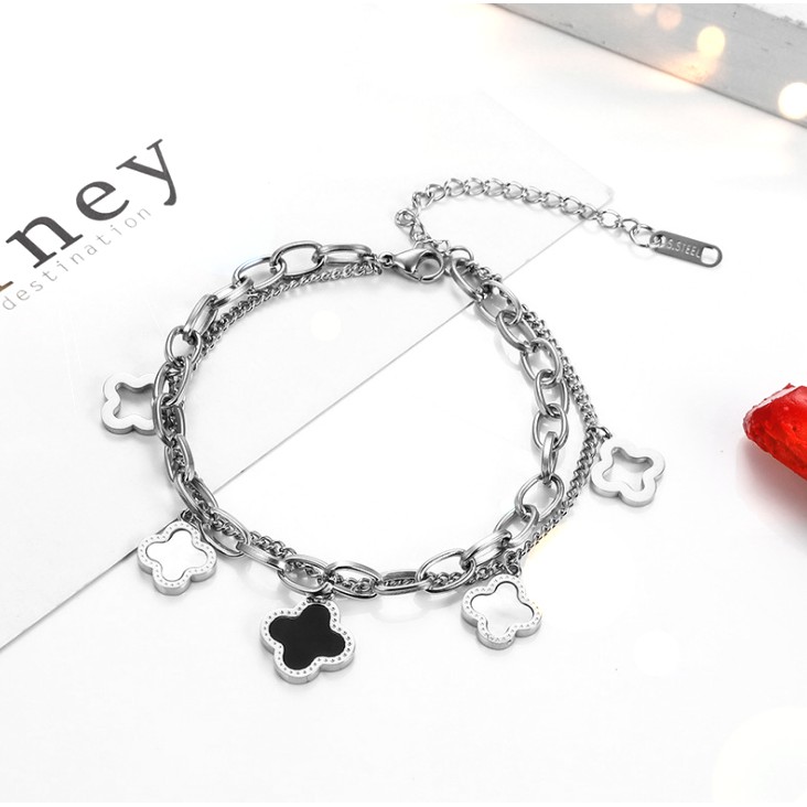 Lắc tay nữ titan cao cấp kiểu xích 2 tầng rớt hoa 4 cánh siêu đẹp, bền màu, hợp thời trang, dễ phối đồ