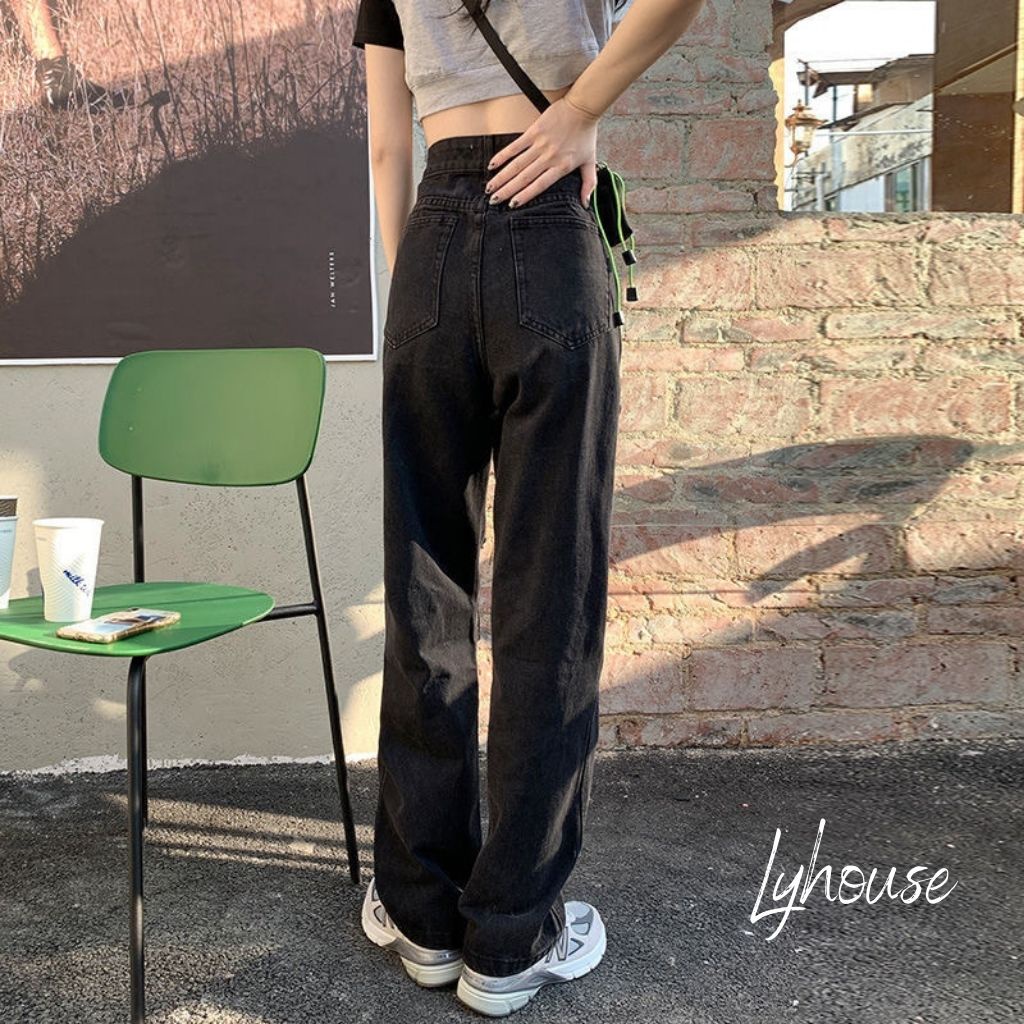 Quần jeans nữ màu đen basic ống suông rộng phong cách Ulzzang phiên bản trơn FC58 Rubydiz