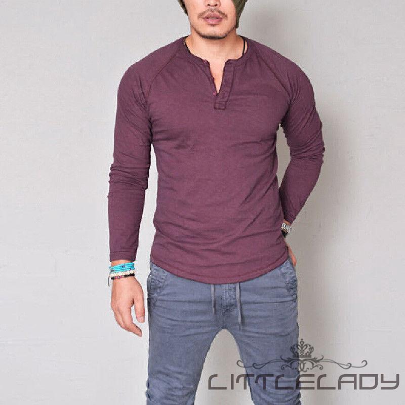 ☛☏❤Fashion Men&#39;s Slim Fit V Neck Long Sleeve Muscle Tee T-shirt Casual Tops Blouse