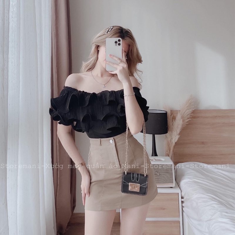 Chân váy chữ a kaki kiểu váy a ngắn có lót trong phối khoá giữa thun gân trước màu đen kem mặc đi học làm chơi đẹp