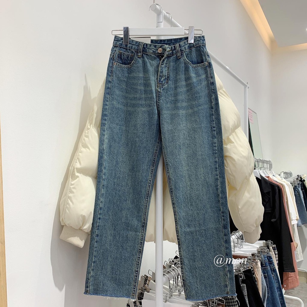 2101349 Quần jeans nữ ống đứng form vừa dáng basic ulzzang màu xanh vintage có size