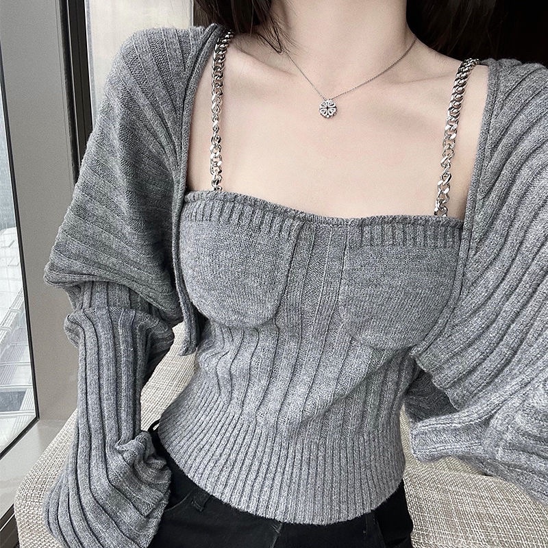 ( ORDER ) Set 2 Món Áo 2 Dây Xích Len & Áo Khoác Croptop Len
