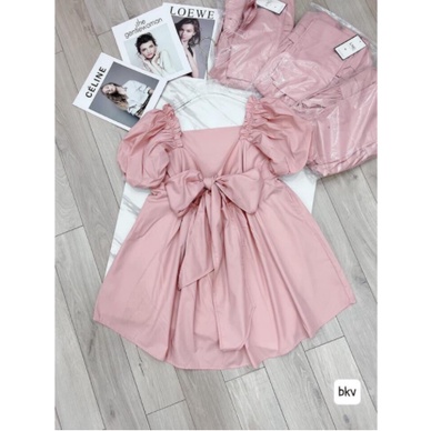 Đầm babydoll tay phồng cổ vuông dây thắt nơ sau lưng, Váy babydoll dáng xoè hở lưng nhiều màu tiểu thư bánh bèo xanh bơ