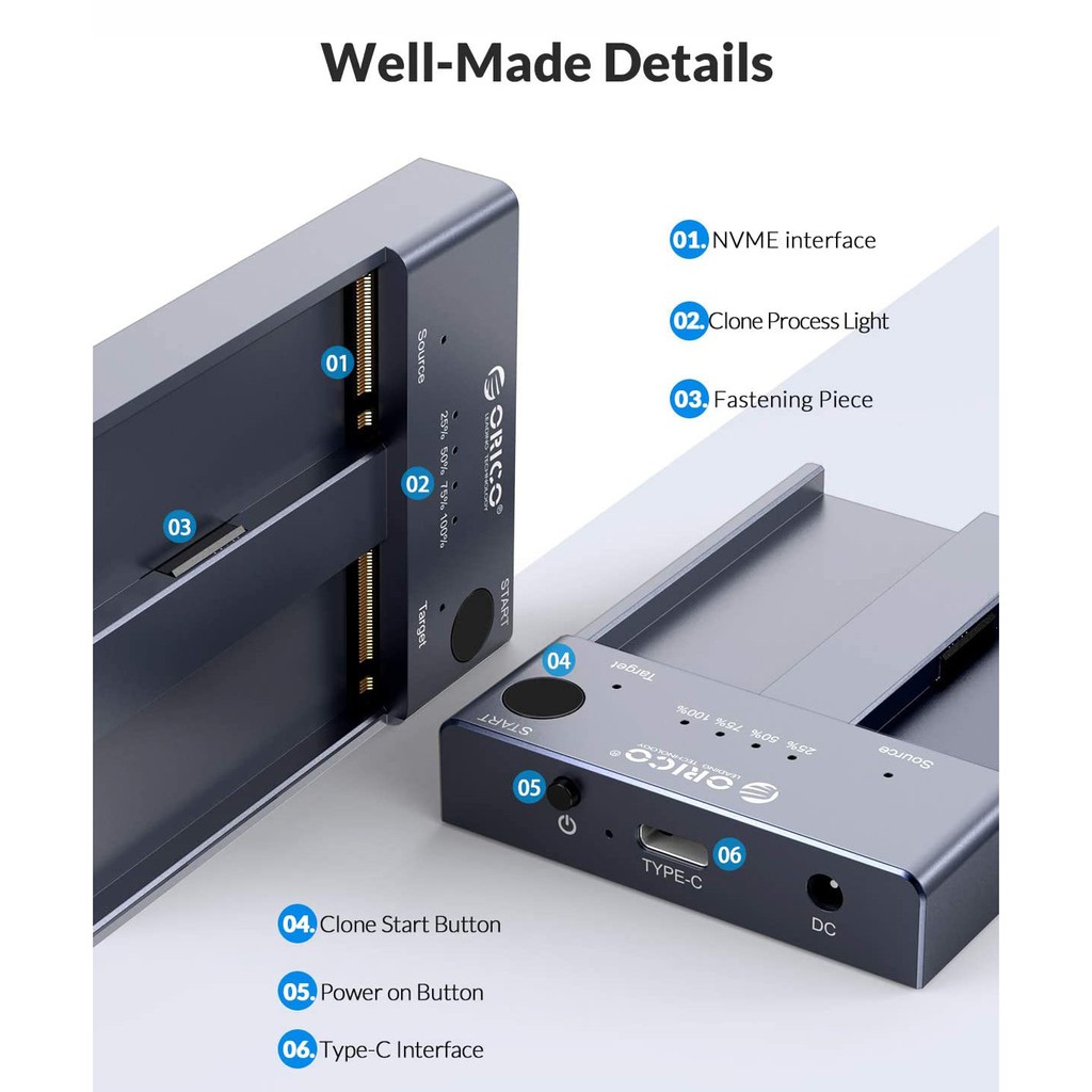 Thiết Bị Kết Nối Ổ Cứng ORICO Dual-Bay M.2 NVME USB C Sang NVME SSD M Key PCIe 2242 2260 2280 22110 M.2 M.2 PCIe Clone (M2P2-C3-C)
