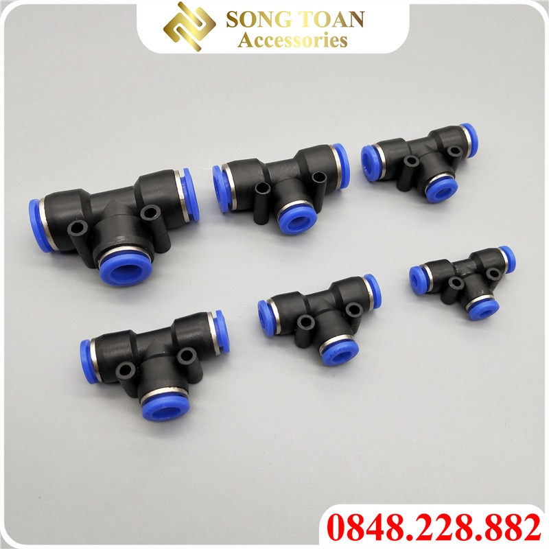 Tê Nối Nhanh 1 Chạm & PE T Chia 3 Hướng - Cắm Đường Kính Ngoài Ống Phun Sương & Dây Hơi PU Khí Nén 6 8 10 12 16 mm