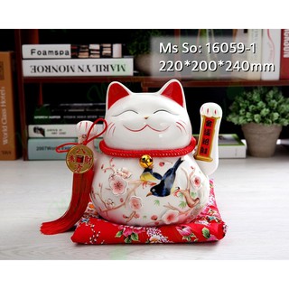 Mèo Thần Tài Sứ , Mèo May Mắn Maneki Neko cao 24cm. Vẩy Tay Gọi Khách Tấn Tài Tấn Lộc