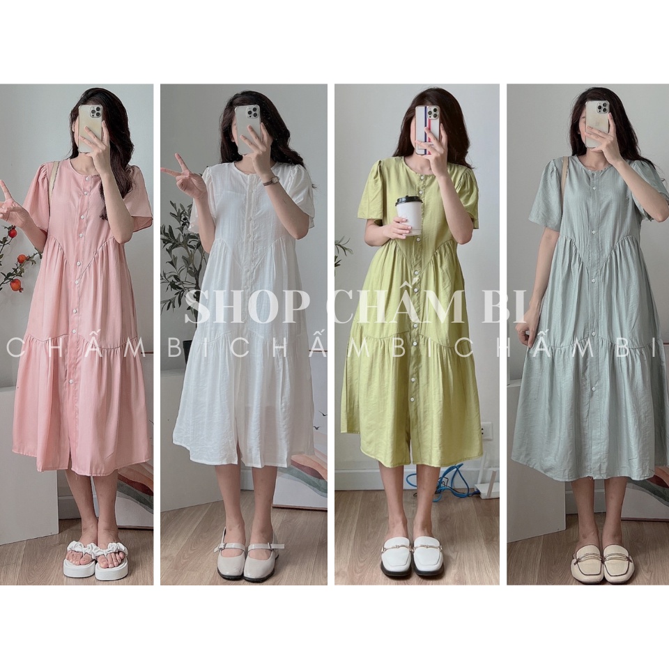 Váy maxi kiểu V.109, Váy babydoll cộc tay xòe bồng kèm váy 2 dây ngọt ngào - Thời trang nữ Chấm Bi