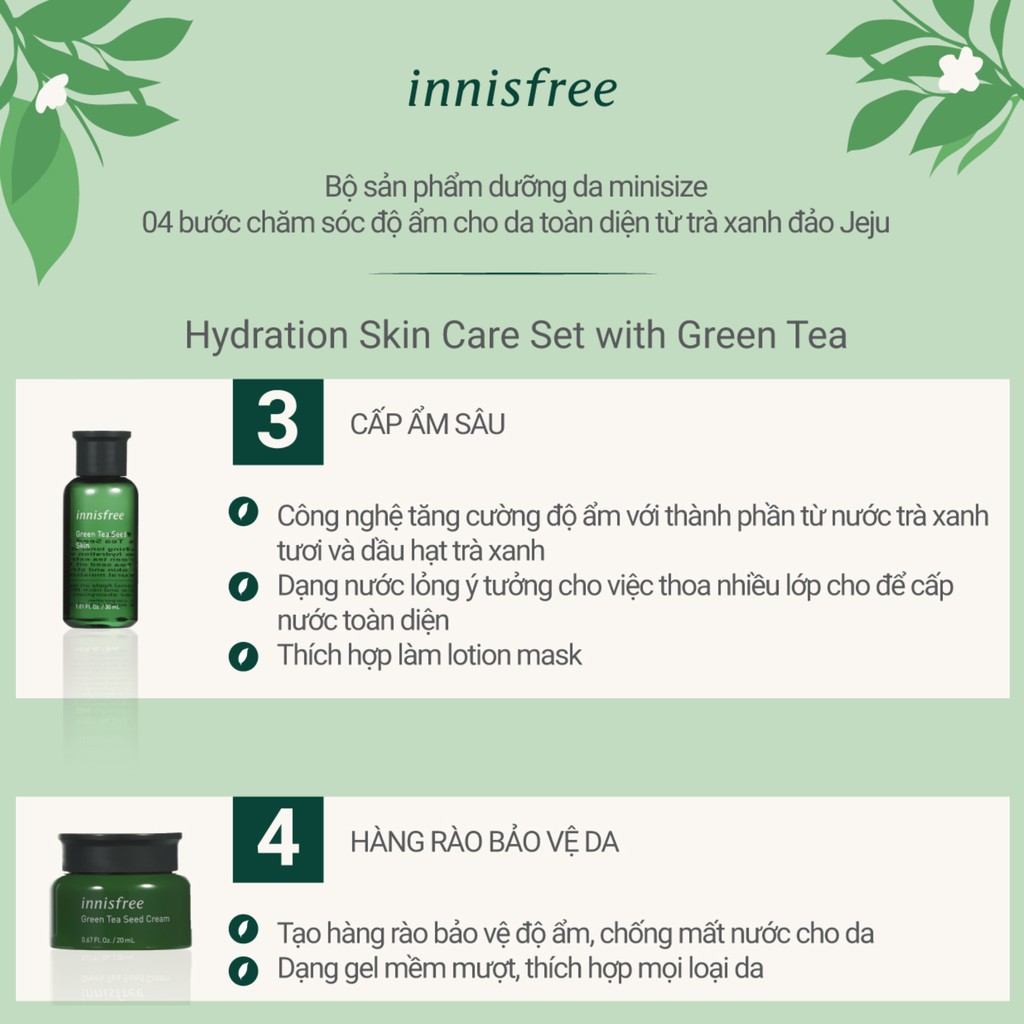 Bộ sản phẩm chăm sóc dưỡng ẩm da innisfree Hydration Skin Care Set with Green Tea