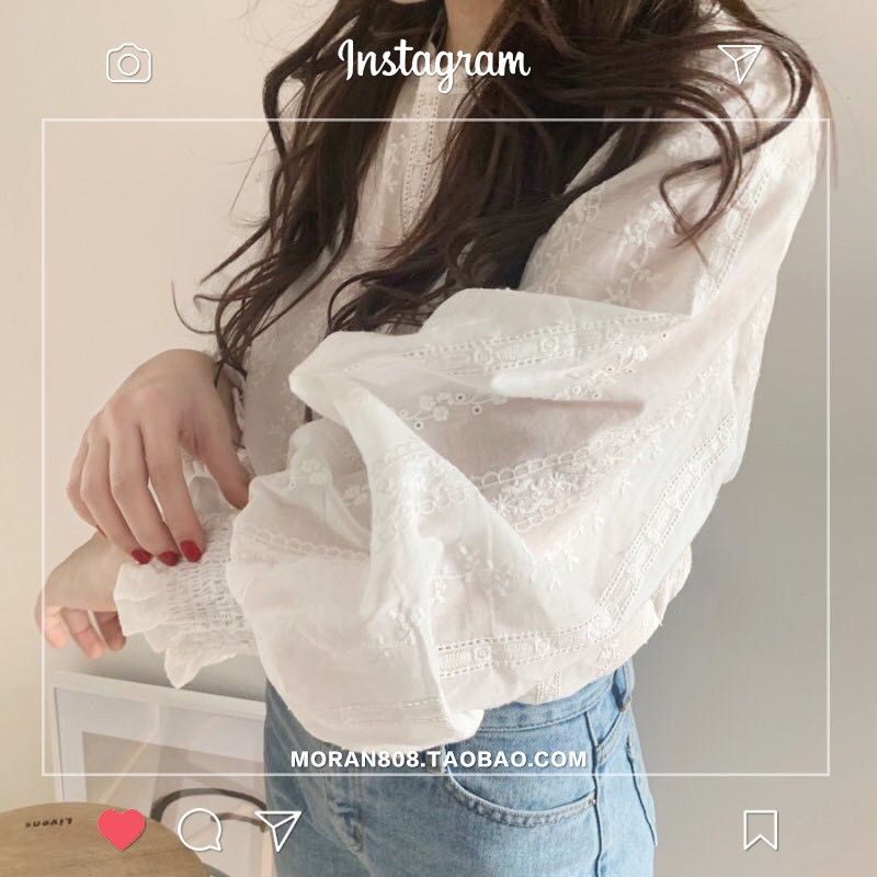 Áo sơ mi ren hoa trắng dài tay MORAN style tiểu thư vintage ngọt ngào