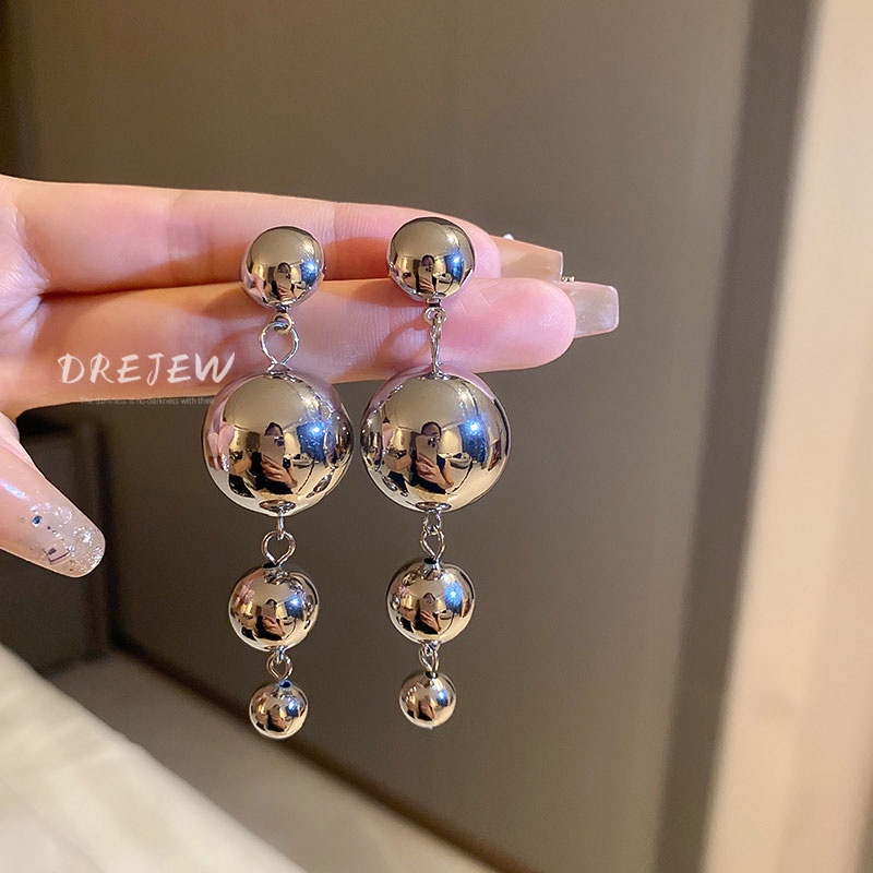 DREJEW Bông Tai Kim Loại Đính Hạt Tròn Phối Tua Rua Phong Cách Âu Mỹ 1