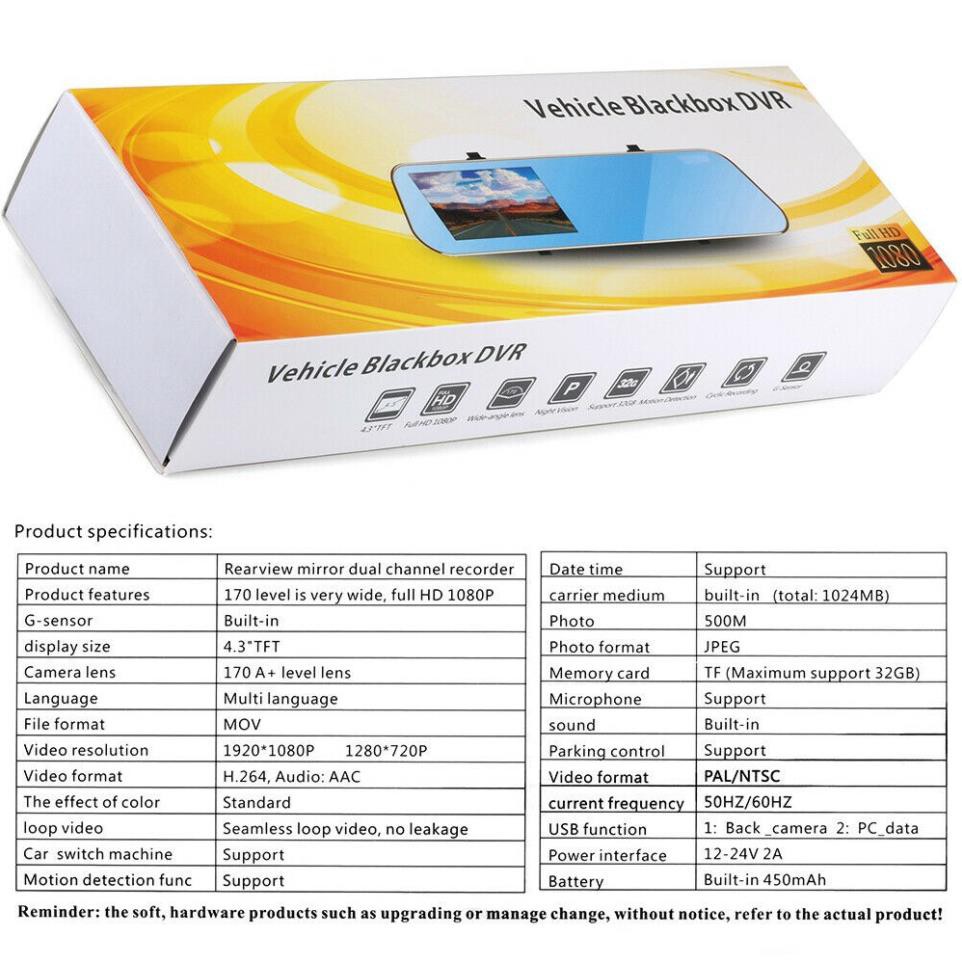 Camera Hành trình Gương treo 4.3 inch FHD 1080P, hỗ trợ cam sau, Ghi đè | BigBuy360 - bigbuy360.vn