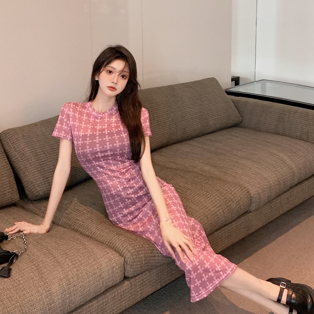 DUNEA Đầm lưới tay ngắn in họa tiết hoa cúc thời trang mùa hè dành cho bạn nữ