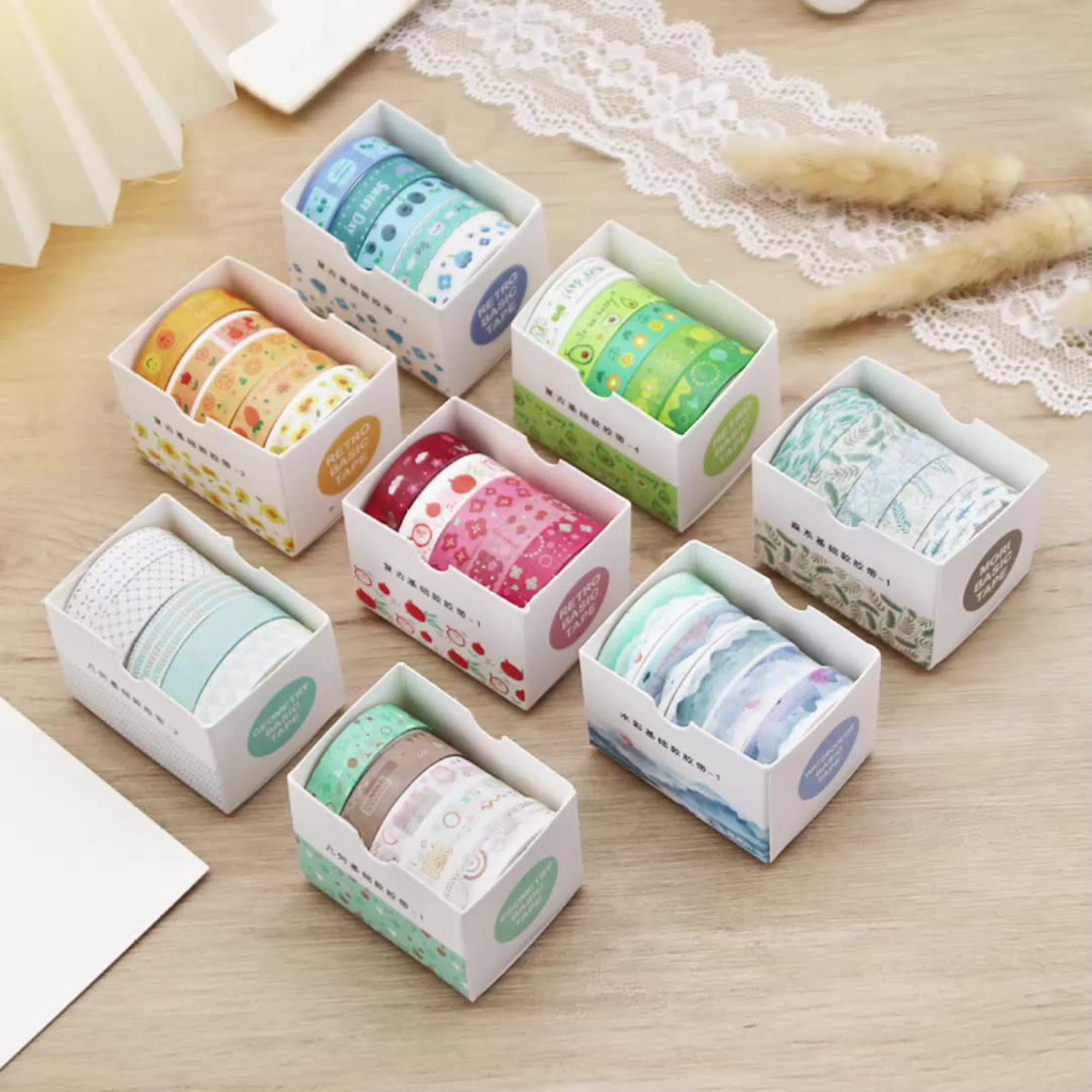 Bộ 5 cuộn băng keo washi phong cách dễ thương trang trí sổ CREAMY