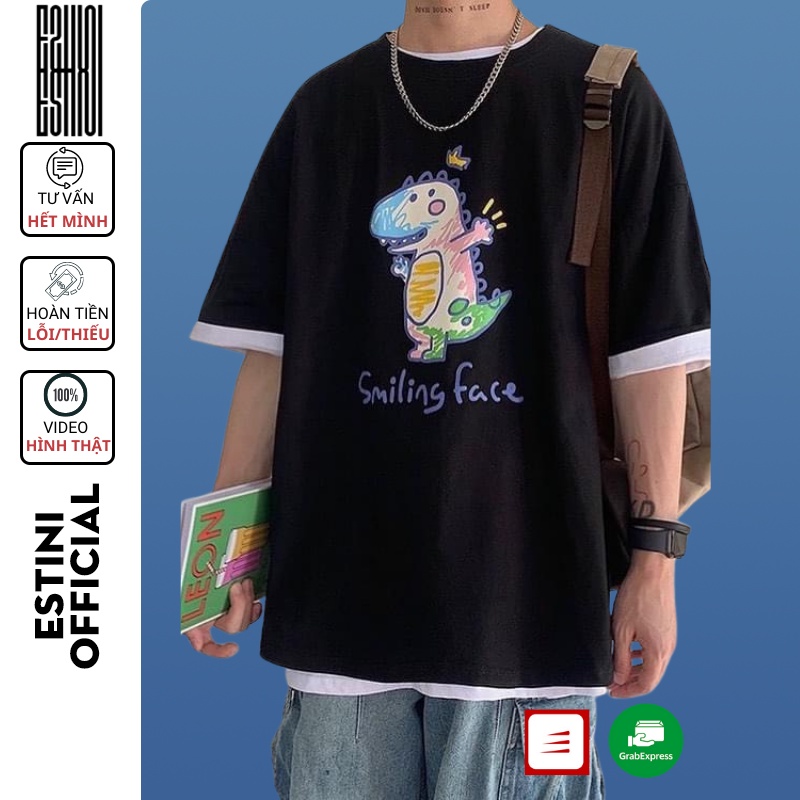 Áo phông thun tay lỡ form rộng ESTINI áo thun Unisex nữ nam chất cotton vải dày KHỦNG LONG SMILING FACE