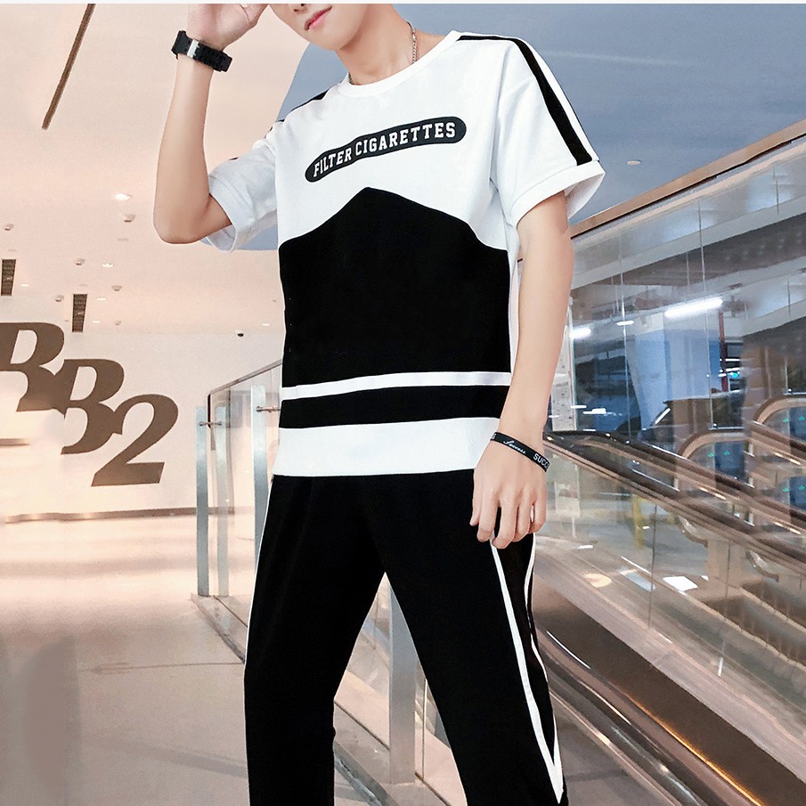 Bộ Quần Áo Thun Nam Ngắn Tay Phối Hai Màu Đen Trắng Quần Dài Phối Sọc Thời Trang Đường Phố SET NAM 90000110C2 | BigBuy360 - bigbuy360.vn