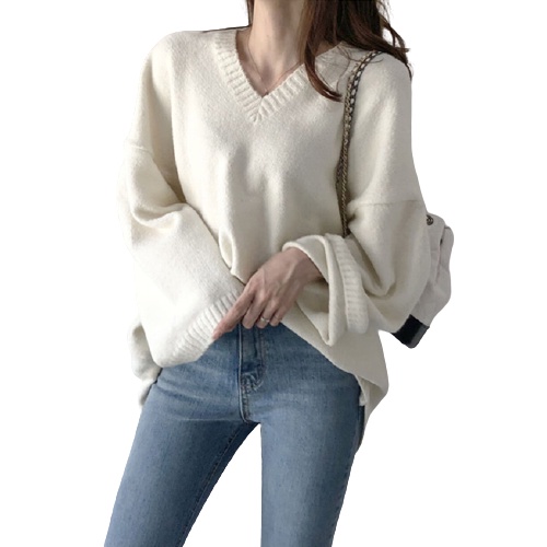 【Trong kho】Áo Len Tay Dài Cổ Chữ V Form Rộng Màu Trơn Phong Cách Hàn | BigBuy360 - bigbuy360.vn