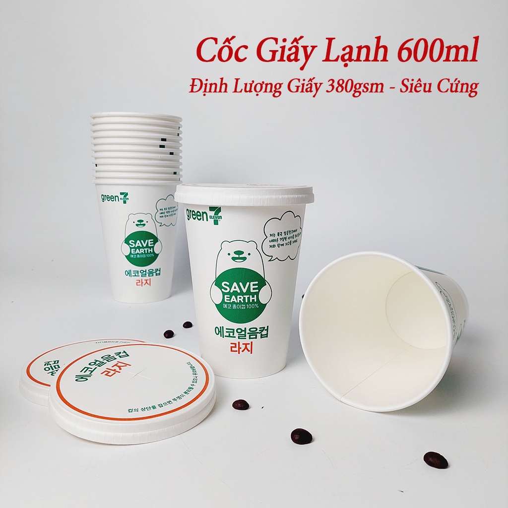 50 Cốc Giấy Siêu Cao Cấp ECO 600ml - 20oz Gấu Xanh Kèm Nắp NHẬP KHẨU HÀN QUỐC