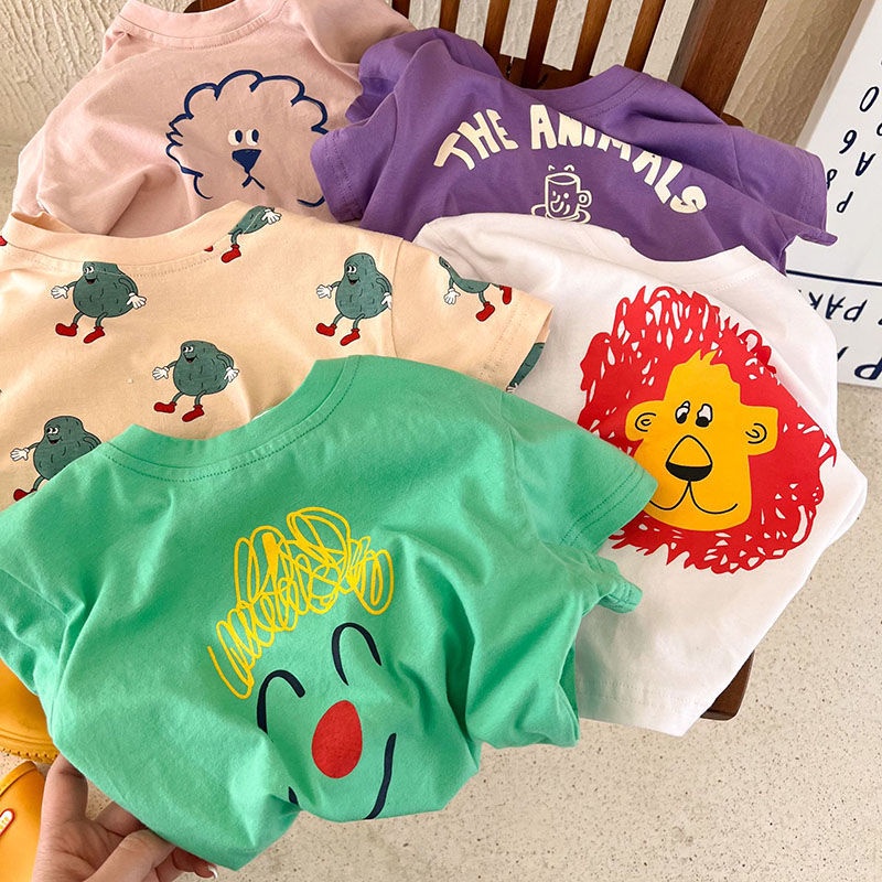 MNGRL Áo Thun In Hoạt Hình Cotton Cổ Tròn Hàn Quốc Mùa Hè Dành Cho Trẻ Em