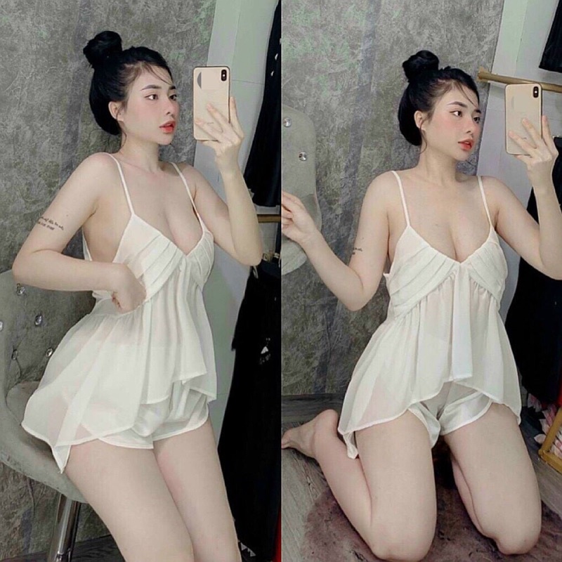 Đồ bộ ngủ sexy ao voan xếp ly quần satin cao cấp | BigBuy360 - bigbuy360.vn