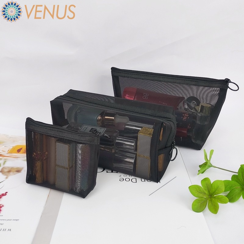 1 Túi Lưới Đựng Mỹ Phẩm / Đồ Vệ Sinh Cá Nhân Màu Đen / Trong Suốt Có Khóa Kéo Tiện Dụng Mang Theo Du Lịch Cho Nữ