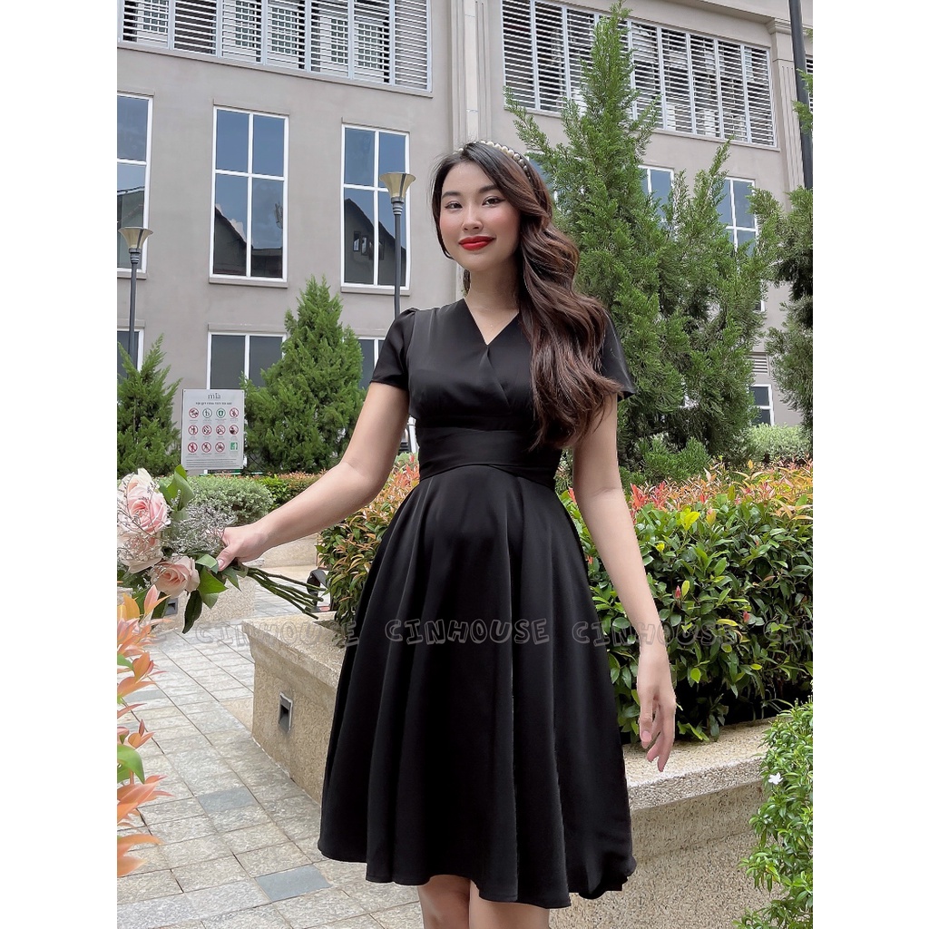 Đầm xòe tạo kiểu cổ V đắp chéo nhún ngực Katia dress C519 Cin House