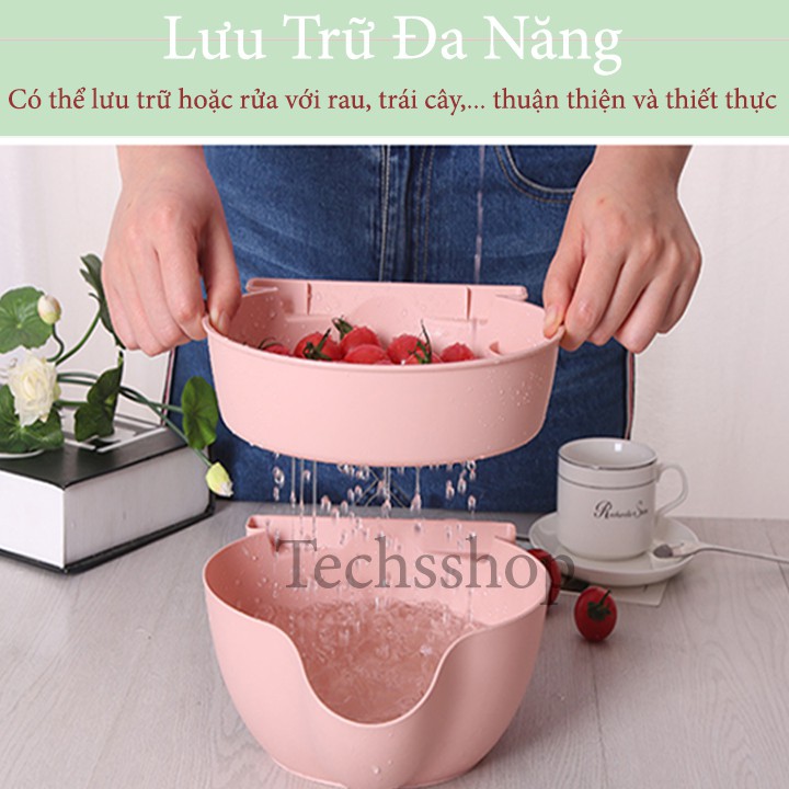 Rổ đựng trái cây 2 ngăn có khe để điện thoại - bộ rổ thau 2in1 đa năng tiện lợi