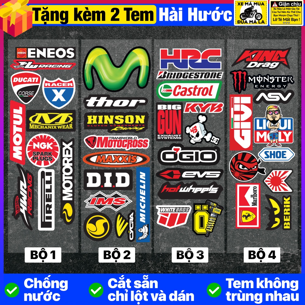 Bộ 10 Tem Dán Xe Máy HRC Ohlins Castrol NKG Motul Liqui Moly HRC Kingdrag Monster - Decal Dán Xe Không