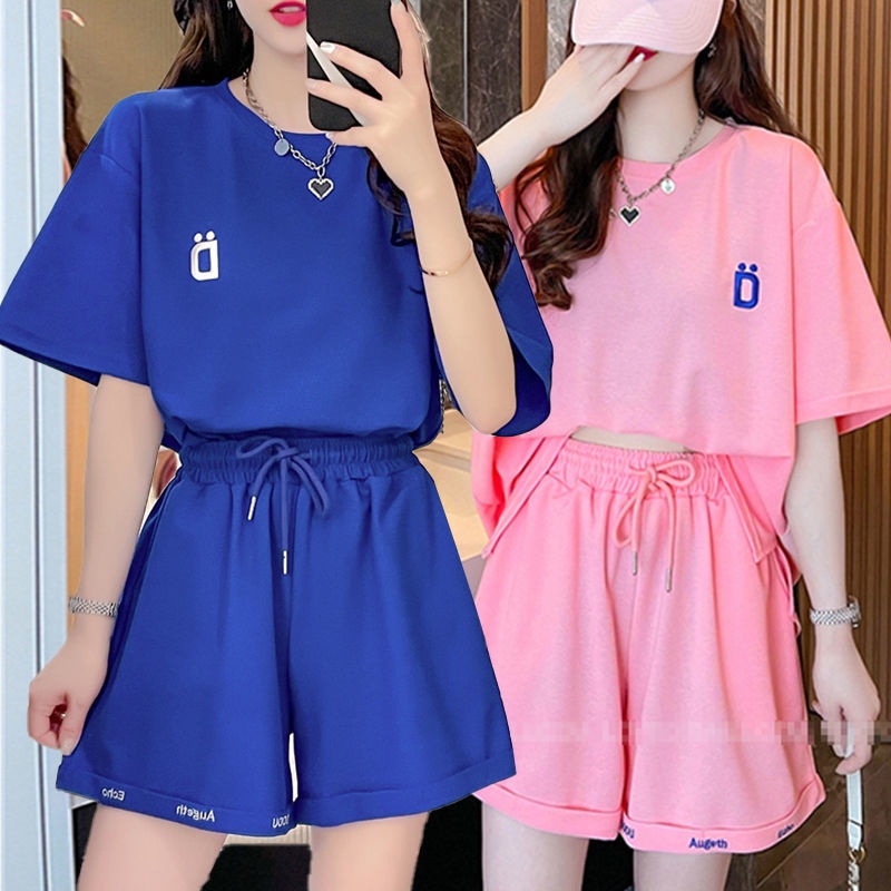 Leisure sports suit female 2021 new Korean summer dress net red loose large size thin short sleeved shorts two-piece set