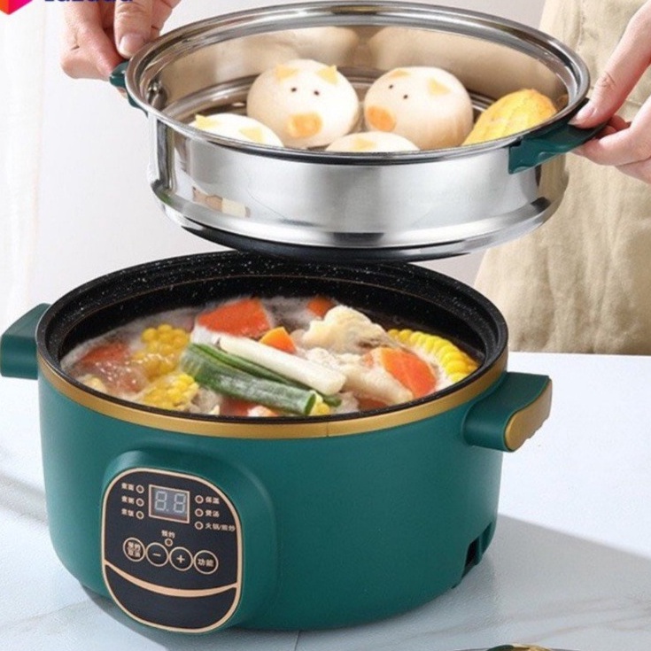 Nồi Lẩu Điện Đa Năng Chống Dính Electric Cooker Pot Vân Đá SHANBAN 26cm Kèm Hấp Inox Cao Cấp Xào, Hấp, Chiên...