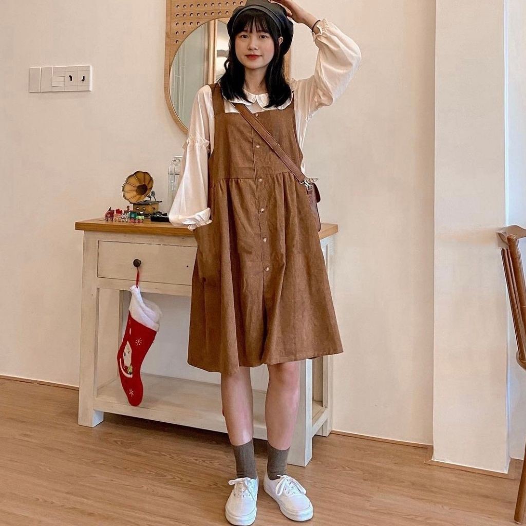 Set yếm nhung kèm áo sơ mi cách điệu cực xinh cho nữ, kiểu dáng ulzzang xinh xắn