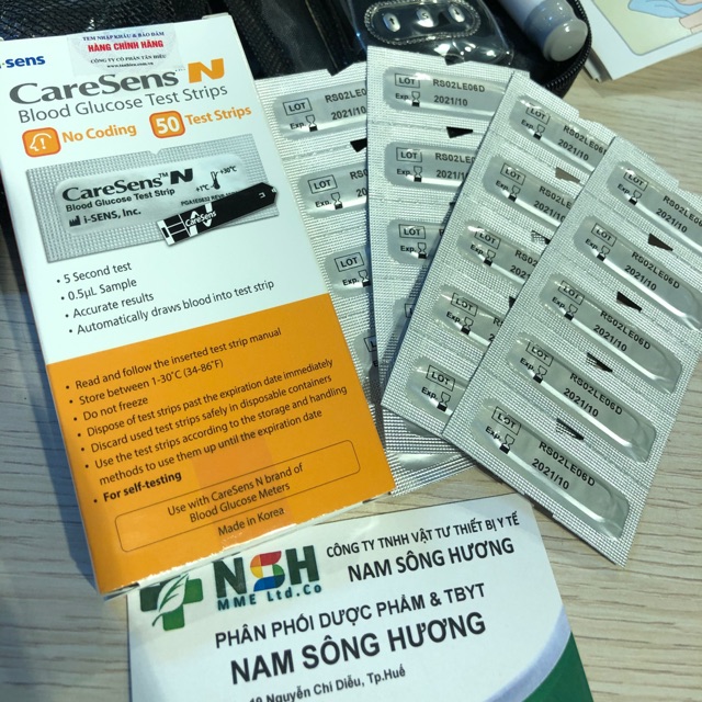 Hộp 50 25 Que thử test thử đường huyết tiểu đường Caresens caresen N Hàn Quốc dạng ép vỉ
