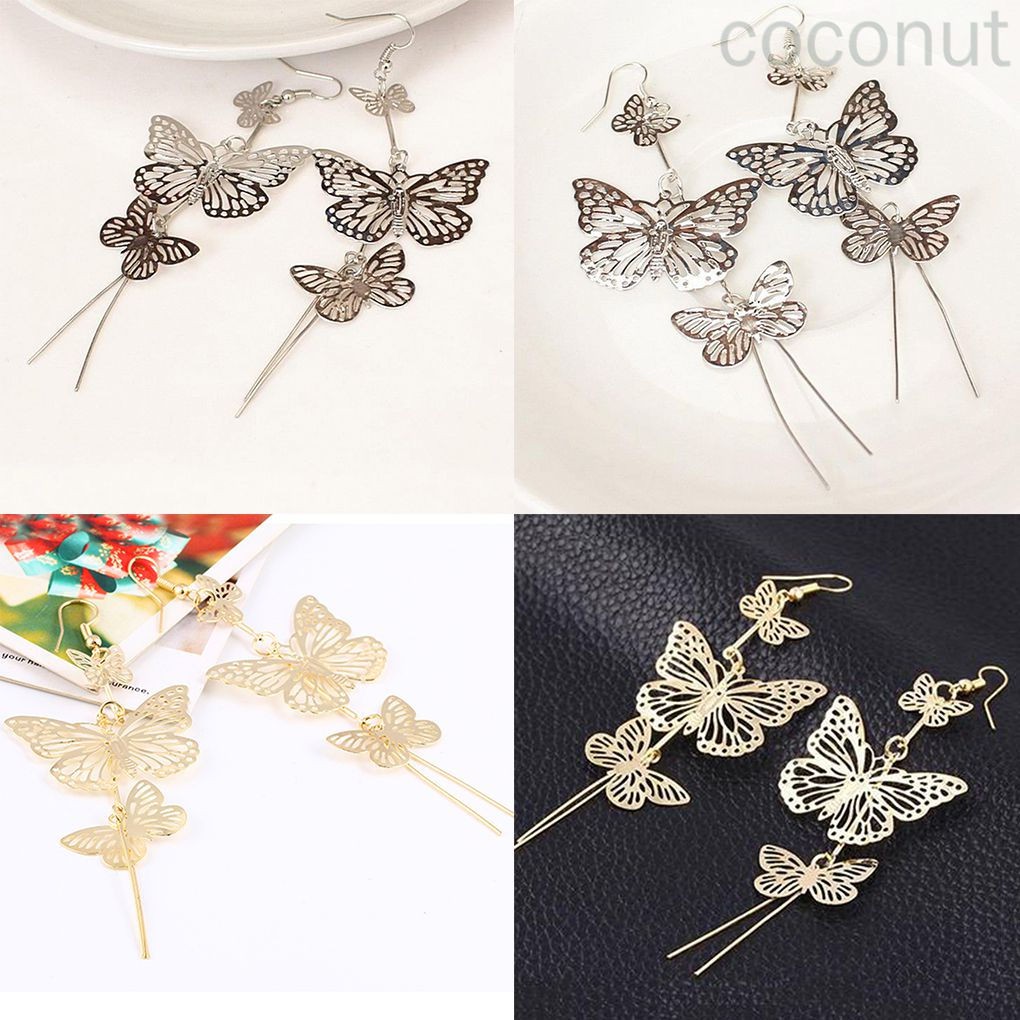 Đôi khuyên tai thả rũ trang trí bươm bướm tua rua rỗng dáng dài thời trang tiệc cưới quyến rũ dành cho nữ