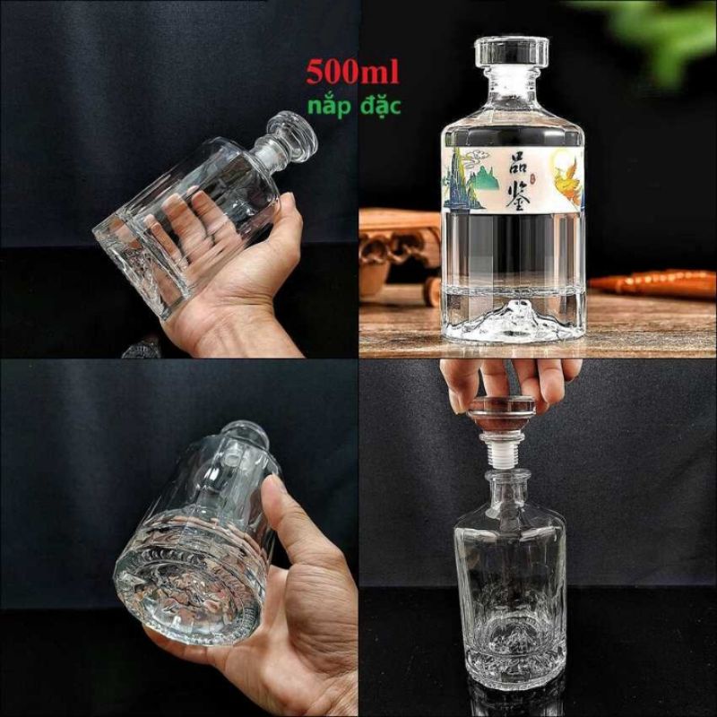 Chai Đựng Rượu 500ML thủy tinh cao cấp nắp đặc – Vỏ Chai Rượu Đẹp