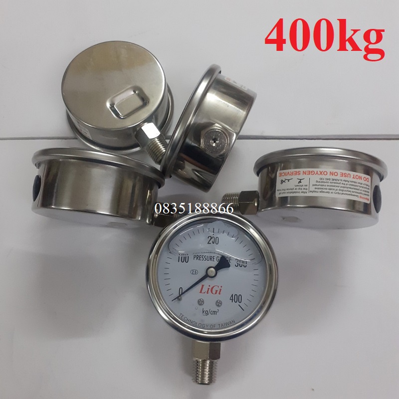 Đồng hồ áp suất áp lực nước hơi khí nén loại từ 0 đến 400kg/cm2 mặt 63mm có dầu chân ren đứng 13mm LiGi