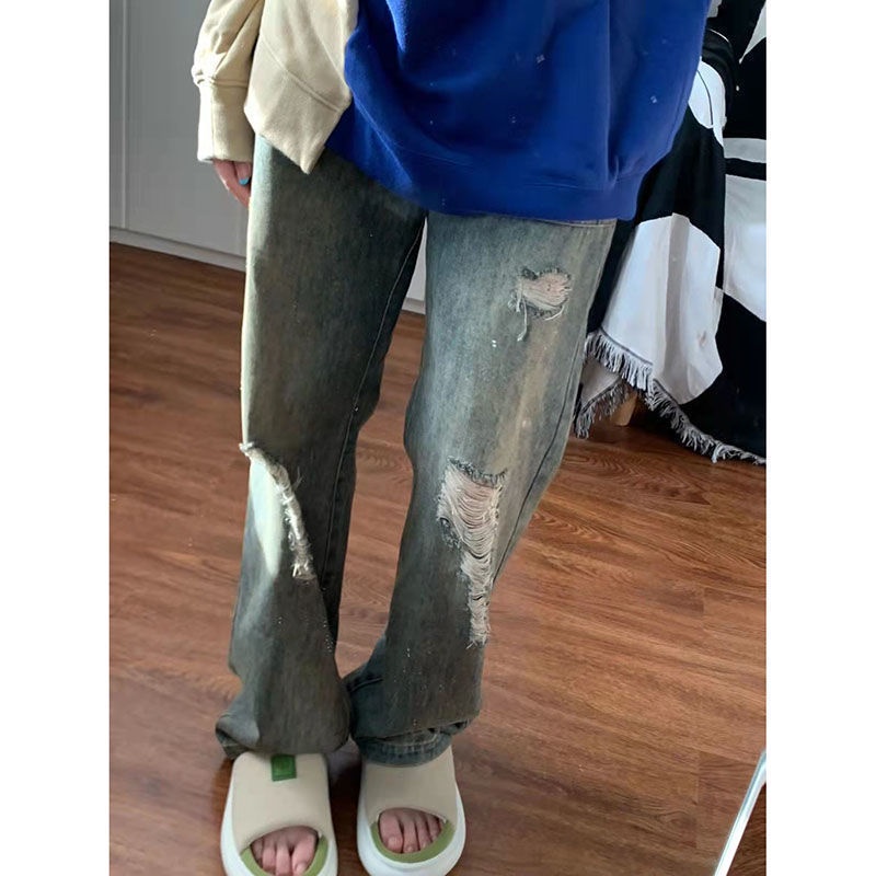 ☏☍Quần Jeans Lưng Cao Ống Đứng Phối Rách Phong Cách Retro Mỹ Cho Nữ