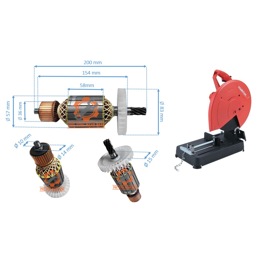 rotor/ruột máy cắt sắt thân 57 dài 200 8 răng dấu sắc tặng kèm chổi than cao cấp