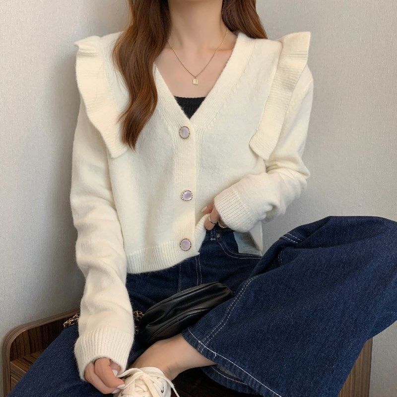 Áo cardigan dệt kim cổ chữ V tay dài nhún bèo thời trang mùa thu dễ phối đồ