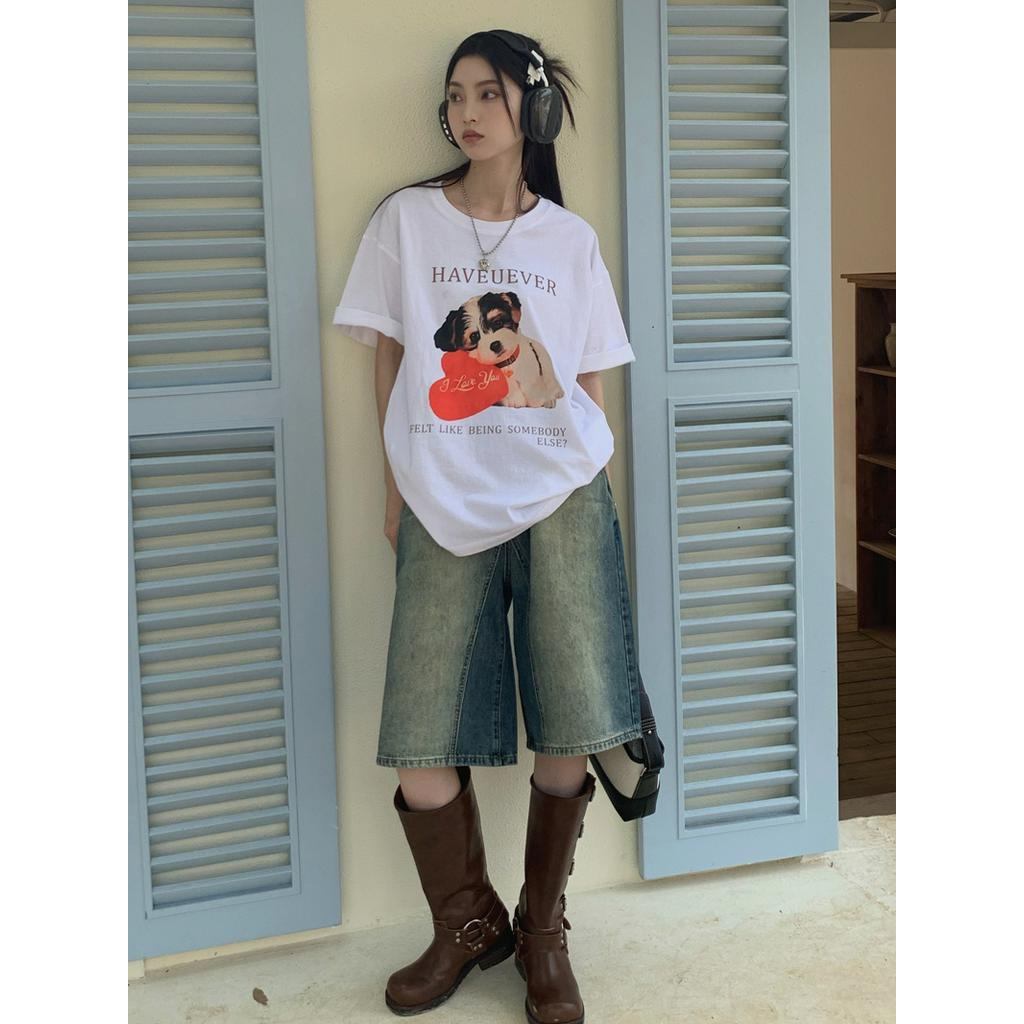 Áo Thun Cổ Tròn Dáng Rộng In Hình Chú Chó Dễ Thương Phong Cách Hàn Quốc Thời Trang Mùa Hè 63400
