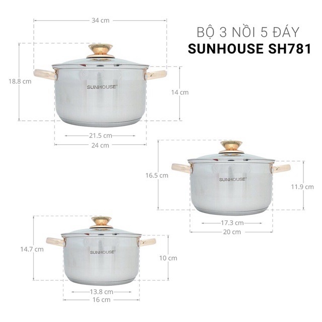 Bộ nồi Bếp Từ inox 5 đáy cao cấp sunhouse shd781