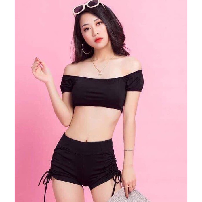 Bikini Hai Mảnh Trễ Vai Đen, Áo Bơi 2 Mảnh Rút Dây Quần Sexy